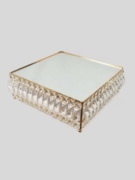 18PF0605-L – 14″ Square Gold Cake Stand Crystal Beaded With Mirror Topped