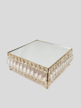 18PF0605-M – 12″ Square Gold Cake Stand Crystal Beaded With Mirror Topped