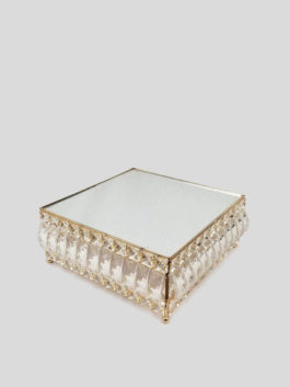 18PF0605-S – 10″ Square Gold Cake Stand Crystal Beaded With Mirror Topped