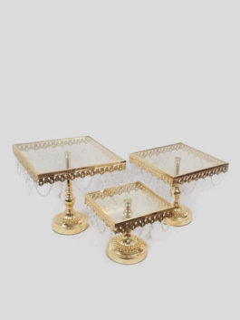 KK8 GD – Gold Set Of 3 Square Metal Cake Stand With Glass Top