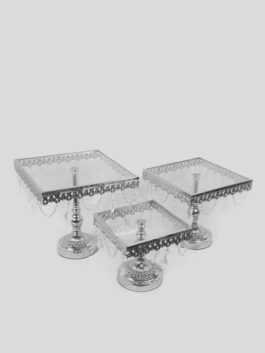 KK8 SL – Silver Set Of 3 Square Metal Cake Stand With Glass Top